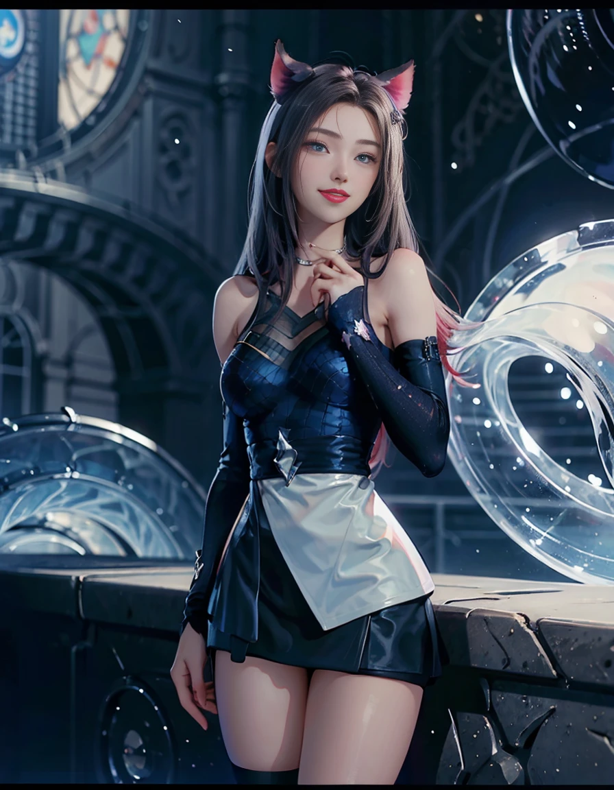 (Masterpiece, top quality: 1.2), ((kda all out ahri)), 1 female, animal ears, hair accessories, bangs, split sleeves, off-shoulders, short skirt, magical girl, (long hair: 1.6), Big breasts, white high heels, whole body, perfect hands, perfect fingers, perfect legs, delicate facial features, (elegant hairstyle), extremely delicate, fair skin: 1.2, beautiful and delicate skin, clear eyes, perfect and perfect Gentle smile, beautiful face, starry night, extremely normal figure, perfect and gentle lips