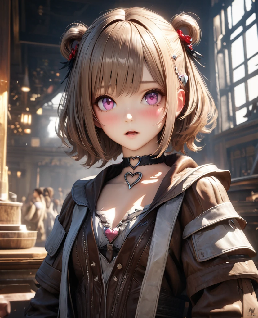 masterpiece, best quality, ultra detailed, high resolution, expensive resolution, HDR, 4k, 8K, Unity 8k wallpaper, ultra detailed CG, masterpiece, realistic, 2D, 3D, beautiful details, depth, fine texture, ultra fine: 1.3, perfect concentration, crispy skin, him, very cute anime girl, expensive short twin-tail hair, one girl, solo, looking at the audience, brown short twin-tail hair, high, mole under eye, gaze, expensive, blush, open lips, hair ornament, pink eyes, heart-shaped choker