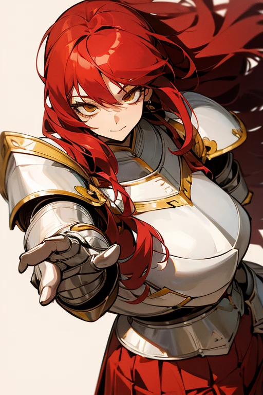 Anime Style,Delicate face, High resolution,Red Long Hair, 30 years old,Smiling provocatively, Woman in armor , Full Body Armor,(Powerful expression), White Armor, Red Skirt, Confident expression , Beautiful Face, front, Three-dimensional hair, Strong body,