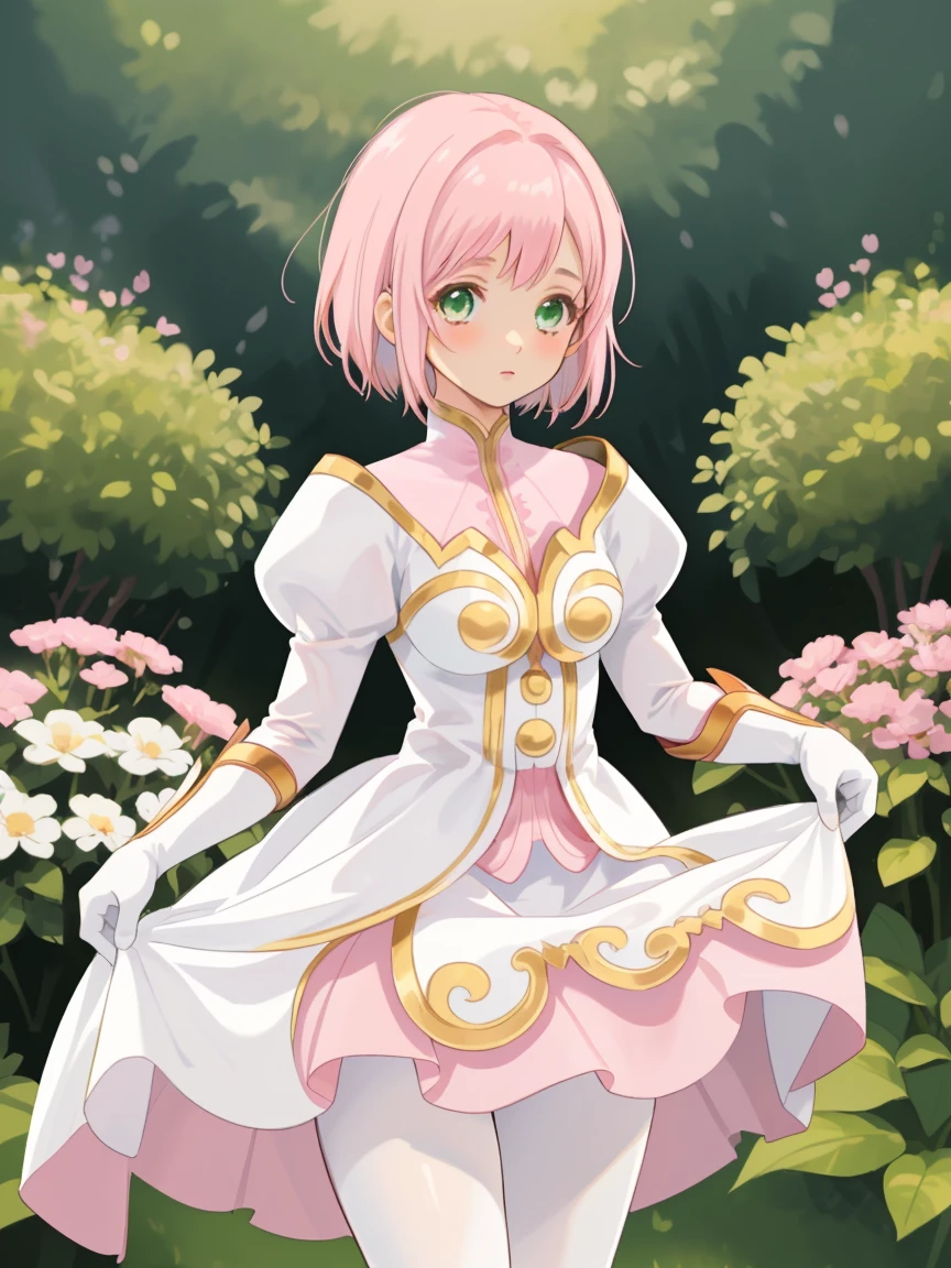 masterpiece, Highest quality, alone, One Girl,Estellise Sidos Heurassein, Pink Hair, short hair, Green Eyes, Small breasts, White and pink dress, Glamorous Dress, Pink collar, Pink Skirt, White boots, White gloves, (Black Pantyhose, Black legwear:1.1)whole body, Little:5, cute, (Beautifully detailed face), (Beautiful attention to detail), (Beautiful detailed hair), mini skirt, (skirt lifted by self:1.2), pov