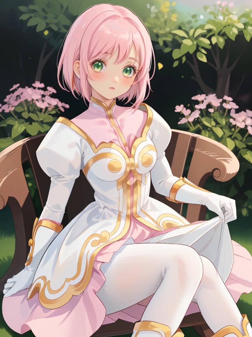 masterpiece, Highest quality, alone, One Girl,Estellise Sidos Heurassein, Pink Hair, short hair, Green Eyes, Small breasts, White and pink dress, Glamorous Dress, Pink collar, Pink Skirt, White boots, White gloves, (Black Pantyhose, Black legwear:1.1)whole body, Little:5, cute, (Beautifully detailed face), (Beautiful attention to detail), (Beautiful detailed hair), mini skirt, (skirt lifted by self:1.2), pov