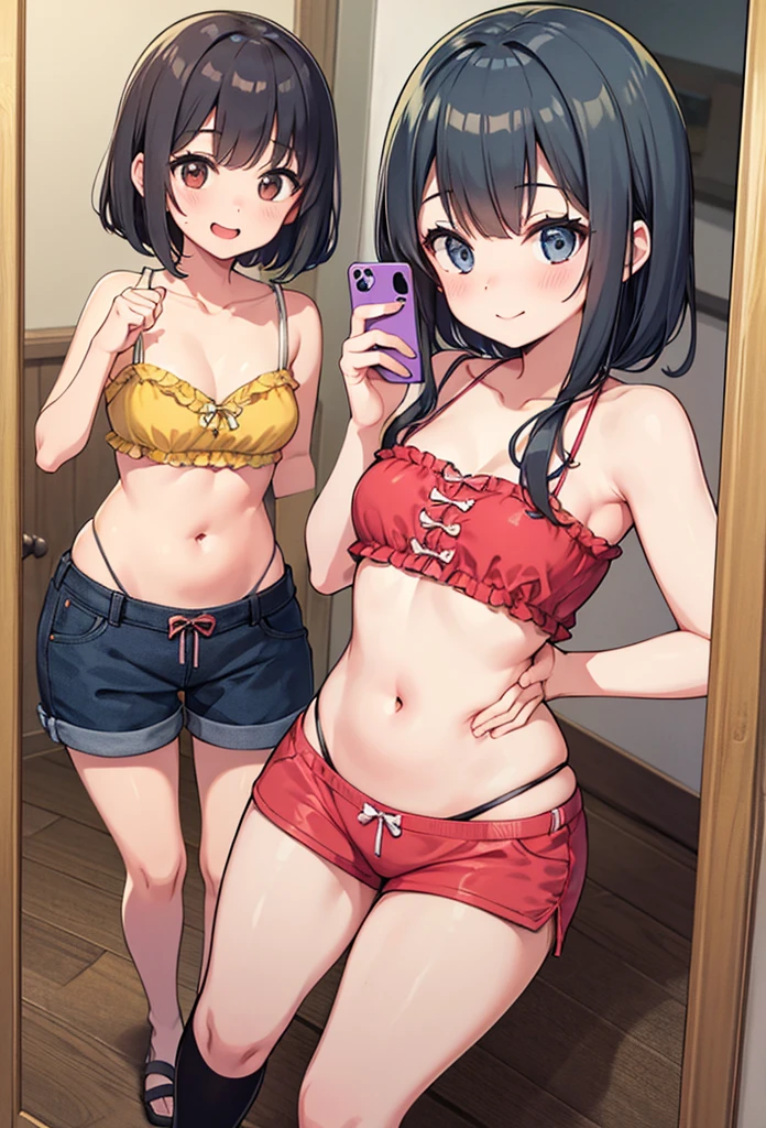 (1.8 shot from above), Willow body, small breasts, Japanese woman, early 20s, slender body, [wearing an aloha shirt unbuttoned over a camisole], pixie cut, straight hair, (looking at the mirror) Woman taking a selfie 1.8), smiling, (very cute 1.5), (beautiful woman 1.5), smartphone in right hand, boo sign in left hand, belly button exposed, hot pants, sexual performance hospitality, highest quality, masterpiece,