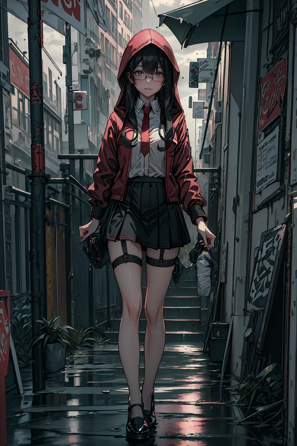 (8k，first work，The best quality at its best，Hyper Detail，Realistically)，Highly detailed face，Cinema Lighting，Ray Tracing，Faded Hair， On a cloudy street，Bright street，corner store，Stair Station，Guerrilla heavy rain or heavy rain，girl with long pink hair and black eyes，He was laughing a lot，she is wearing a red hooded jacket，Wear a hood，White collar blouse，short black skirt and black garter belt，martin shoes，Rain-soaked clothes，Black Exposure，Outdoor deep tent ，