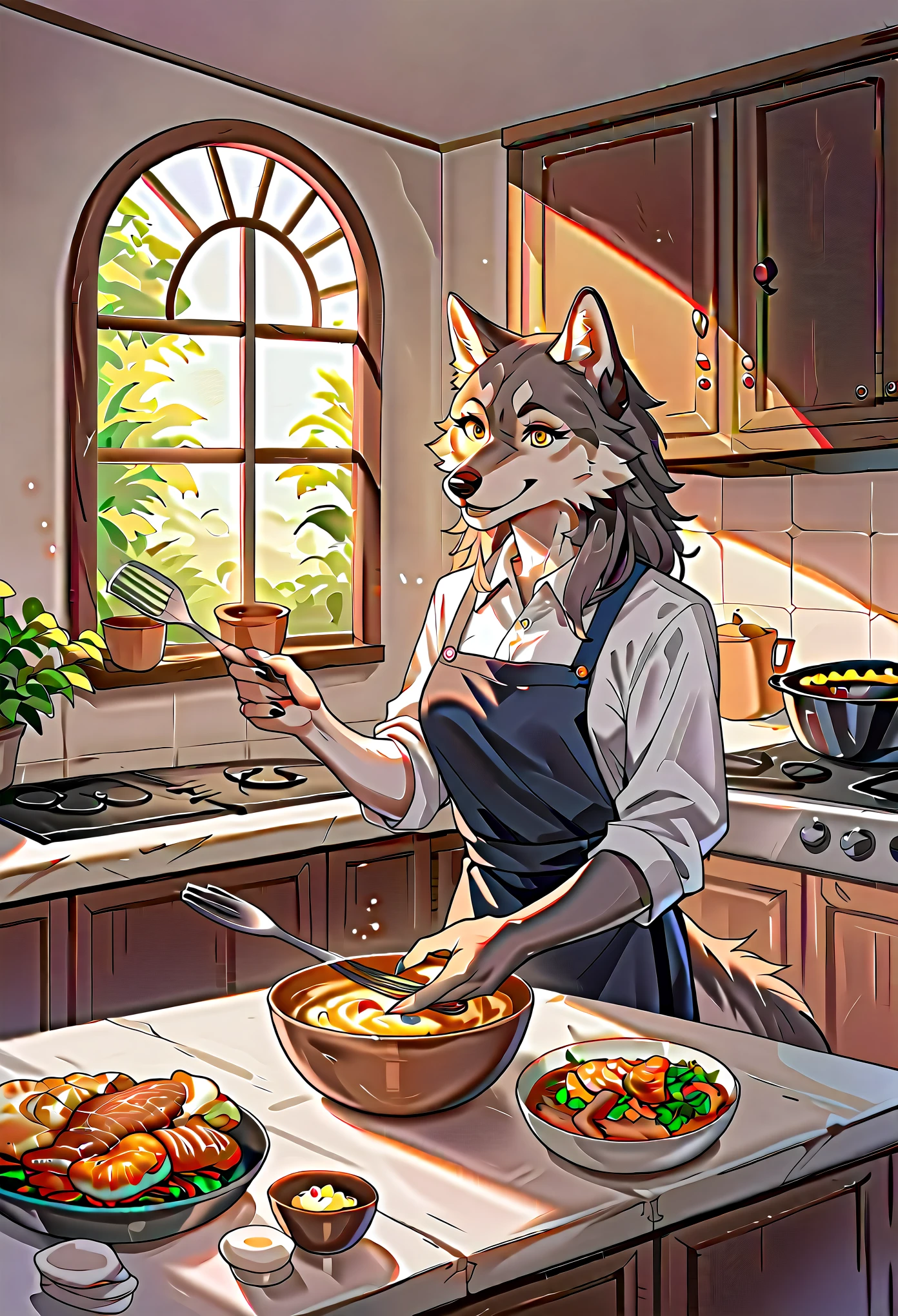 rating_safe, score_9, score_8_up, score_7_up, score_6_up, score_5_up, score_4_up, hires, highres, source_furry, cover page, Cuisine Information Journal(lovers, housekeeper girl, cooking, wolf husband)Newlyweds, kitchen, smile:0.2, perfect anatomy, cinematic lighting,