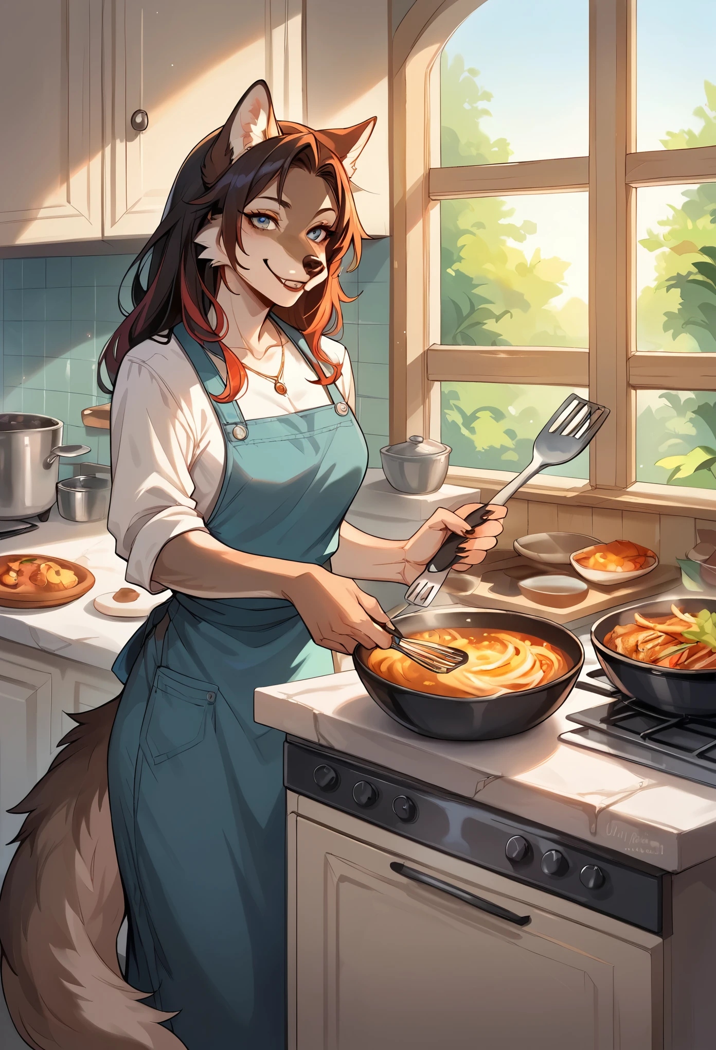 rating_safe, score_9, score_8_up, score_7_up, score_6_up, score_5_up, score_4_up, hires, highres, source_furry, cover page, Cuisine Information Journal(lovers, housekeeper girl, cooking, wolf husband)Newlyweds, kitchen, smile:0.2, perfect anatomy, cinematic lighting,