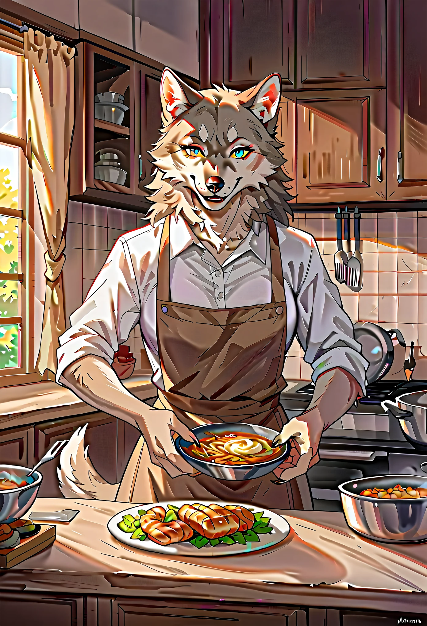 rating_safe, score_9, score_8_up, score_7_up, score_6_up, score_5_up, score_4_up, hires, highres, source_furry, cover page, Cuisine Information Journal(lovers, housekeeper girl, cooking, wolf husband)Newlyweds, kitchen, smile:0.2, perfect anatomy, cinematic lighting,