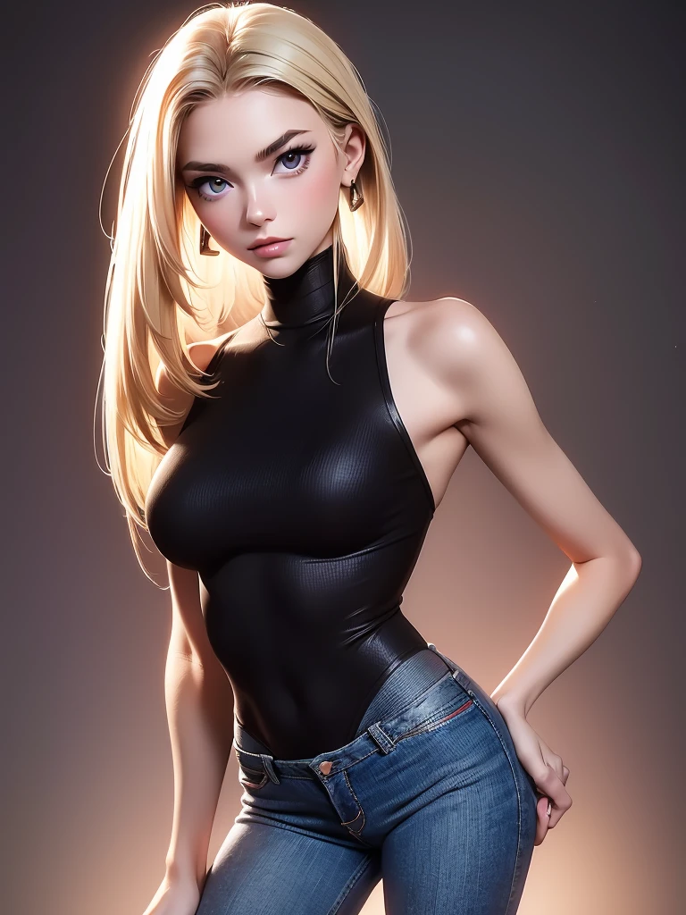 (best quality), 1girl, female, porcelain skin, blonde hair, straight hair, bangs, medium hair, swoopy tips, brown eyes, perfect eyes, black turtleneck, jeans, skinny body, petite, small bust, shy, masterpiece, anatomically correct, highres
