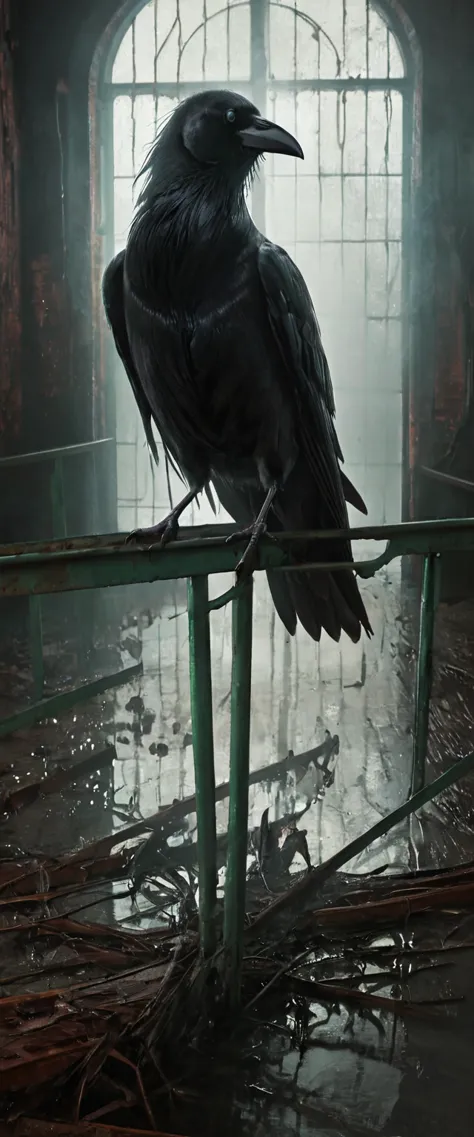 (Best Quality,4k,8k,High resolution,masterpiece:1.2),ultra detailed,(realist,photorealist,photo-realist:1.37),Surrealism,faceless shadow,detailed eyes,beautiful detailed lips,White protective clothing,crows flying,Came out of the subway,subway platform,narrow underpass,spiral staircases,luces outfits,abandoned atmosphere,shadows and light contrast,Unexpected Encounter,mysterious aura,elementos del Surrealismo oscuro,Twisted reality,strange and dreamlike environment,strange silence,mystical vibrations,disturbing tension,Restless emotions,emerging shadows,Dark figures emerging from the darkness,haunting presence,surreal landscape,misty fog,ethereal illusions,distorted perspectives,arcane symbolism,crow feathers,sinister atmosphere,ghostly whispers,dreamy and creepy atmosphere,unclear boundaries of reality and imagination,haunting beauty,mind-blowing scenarios,creepy atmosphere,Otherworldly experience,roof leaking water,melancholic mood, and feeling of isolation,industrial urban decay,hauntingly beautiful haunting presence,sublime beauty of the unknown,Stunning images,Mysterious and enigmatic scenes.,An enigmatic story waiting to be revealed.,Visual paradoxes,chilling and captivating visual journey,Contrast between light and dark,bright colors with desaturated tones,subtle touches of color to enhance the atmosphere. HD,32K, xlmrblng36-500