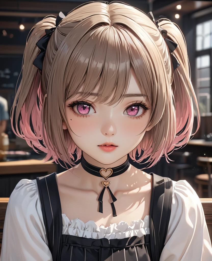 masterpiece, best quality, ultra detailed, high resolution, expensive resolution, HDR, 4k, 8K, Unity 8k wallpaper, ultra detailed CG, masterpiece, realistic, 2D, 3D, beautiful details, depth, fine texture, ultra fine: 1.3, perfect concentration, crispy skin, him, very cute anime girl, expensive short twin-tail hair, one girl, solo, looking at the audience, brown short twin-tail hair, high, mole under eye, gaze, expensive, blush, open lips, hair ornament, pink eyes, heart-shaped choker