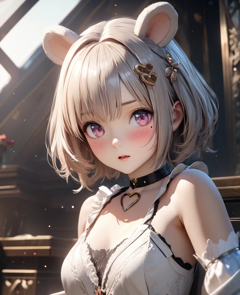 masterpiece, best quality, ultra detailed, high resolution, expensive resolution, HDR, 4k, 8K, Unity 8k wallpaper, ultra detailed CG, masterpiece, realistic, 2D, 3D, beautiful details, depth, fine texture, ultra fine: 1.3, perfect concentration, crispy skin, him, very cute anime girl, expensive short twin-tail hair with koala ears, one girl, solo, looking at the audience, brown short twin-tail hair, high, mole under eye, gaze, expensive, blush, open lips, hair ornament, pink eyes, heart-shaped choker