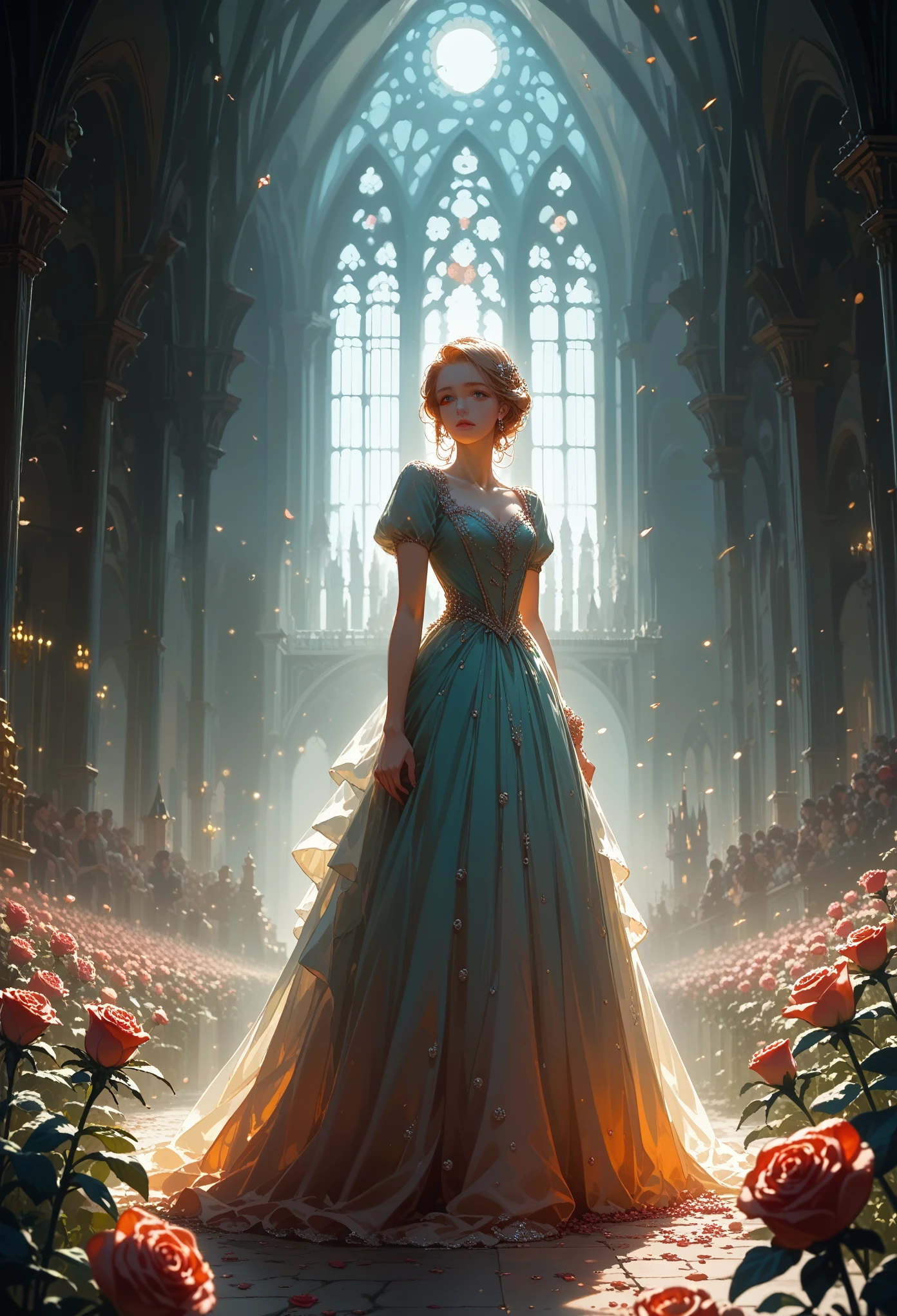 sunset, Castle, Roses and Other Flowers, Full Length Girl 2 Beautiful Figure,Thin Chic Dresses All in Sequins and Pearls, bright colors, Long Thick Lush Hair Fluttering in the Wind, Colors of the Raspberry Rainbow, Beautiful View with Small Details, Majestic view, masterpiece, Perfect art,score_9, score_8_up, score_7_up, dramatic lighting, highly detailed, high budget, bokeh, cinemascope, moody, epic, gorgeous, film grain, grainy, masterpiece, best quality, perfect anatomy, very aesthetic, official art, 8k