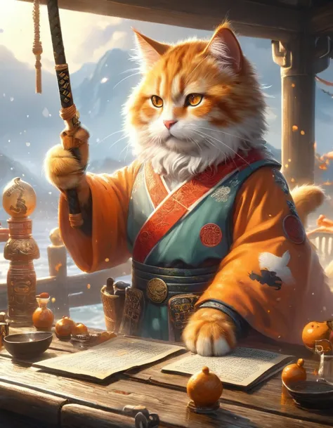 chinese cat soldiers are sailing in bad weather and they are struggling. ,open mouth,shout,three kingdoms orange cat