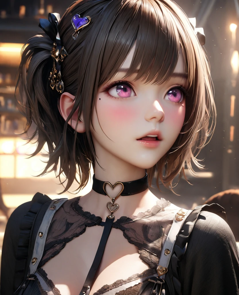 masterpiece, best quality, ultra detailed, high resolution, expensive resolution, HDR, 4k, 8K, Unity 8k wallpaper, ultra detailed CG, masterpiece, realistic, 2D, 3D, beautiful details, depth, fine texture, ultra fine: 1.3, perfect concentration, crispy skin, him, very cute anime girl, expensive short twin-tail hair, one girl, solo, looking at the audience, brown short twin-tail hair, high, mole under eye, gaze, expensive, blush, open lips, hair ornament, pink eyes, heart-shaped choker