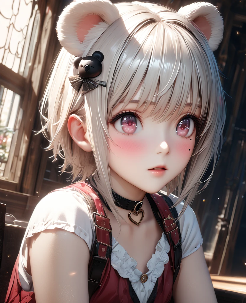 masterpiece, best quality, ultra detailed, high resolution, expensive resolution, HDR, 4k, 8K, Unity 8k wallpaper, ultra detailed CG, masterpiece, realistic, 2D, 3D, beautiful details, depth, fine texture, ultra fine: 1.3, perfect concentration, crispy skin, him, very cute anime girl, expensive short twin-tail hair with koala ears, one girl, solo, looking at the audience, brown short twin-tail hair, high, mole under eye, gaze, expensive, blush, open lips, hair ornament, pink eyes, heart-shaped choker