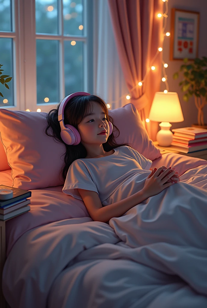 ((Lo-Fi drawing styles:1.5)), girl lying in her bed listening to music with headphones, books on the bed, soft light garland, ambiente agradable y quiet, soft and beautiful colors, magical, quiet, cozy