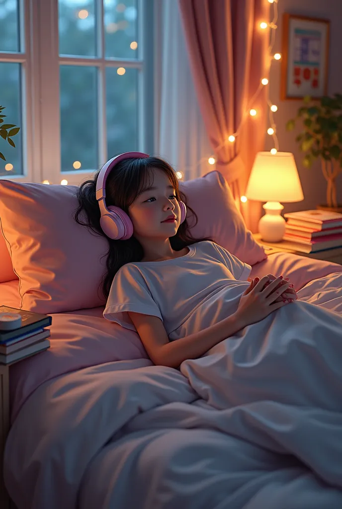 ((Lo-Fi drawing styles:1.5)), girl lying in her bed listening to music with headphones, books on the bed, soft light garland, ambiente agradable y quiet, soft and beautiful colors, magical, quiet, cozy