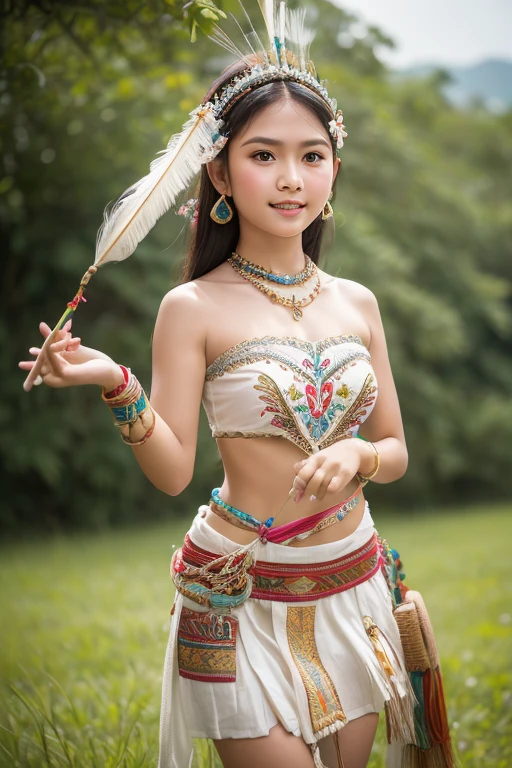 Indonesian young girl, white skin, beautiful breast, wearing strapless Sleeveless Dayak traditional clothing, embroidered with intricate embroidery, complete with bird feather decoration on the head, transparent ribbons on arm rings, metal chain tassels on the waist, dancing in grass field 