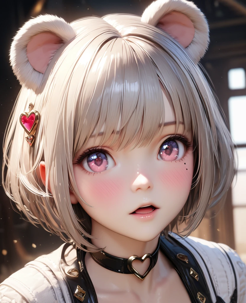 masterpiece, best quality, ultra detailed, high resolution, expensive resolution, HDR, 4k, 8K, Unity 8k wallpaper, ultra detailed CG, masterpiece, realistic, 2D, 3D, beautiful details, depth, fine texture, ultra fine: 1.3, perfect concentration, crispy skin, him, very cute anime girl, expensive short twin-tail hair with koala ears, one girl, solo, looking at the audience, brown short twin-tail hair, high, mole under eye, gaze, expensive, blush, open lips, hair ornament, pink eyes, heart-shaped choker