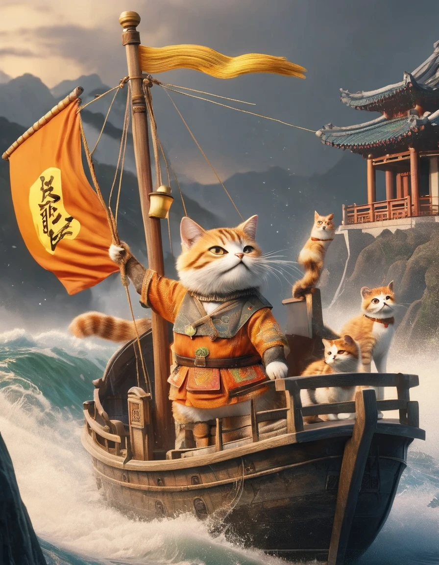 Chinese cat soldiers are sailing in bad weather and they are struggling. ,open mouth,shout,Three Kingdoms Orange Cat