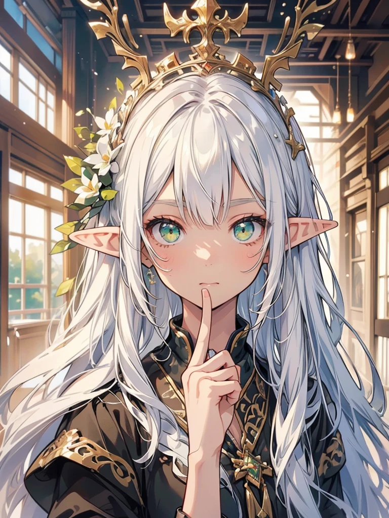 masterpiece, best quality, 1girl, ultra detailed, ultra highres, well-definded facial features, anatomically correct, cute girl, (dark tan skin), long pointy ears, elf, nice face, white hair, green eyes, thumb up,