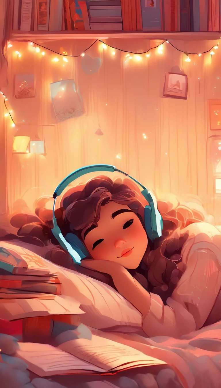 ((Lo-Fi drawing styles:1.5)), girl lying in her bed listening to music with headphones, books on the bed, soft light garland, ambiente agradable y quiet, soft and beautiful colors, magical, quiet, cozy