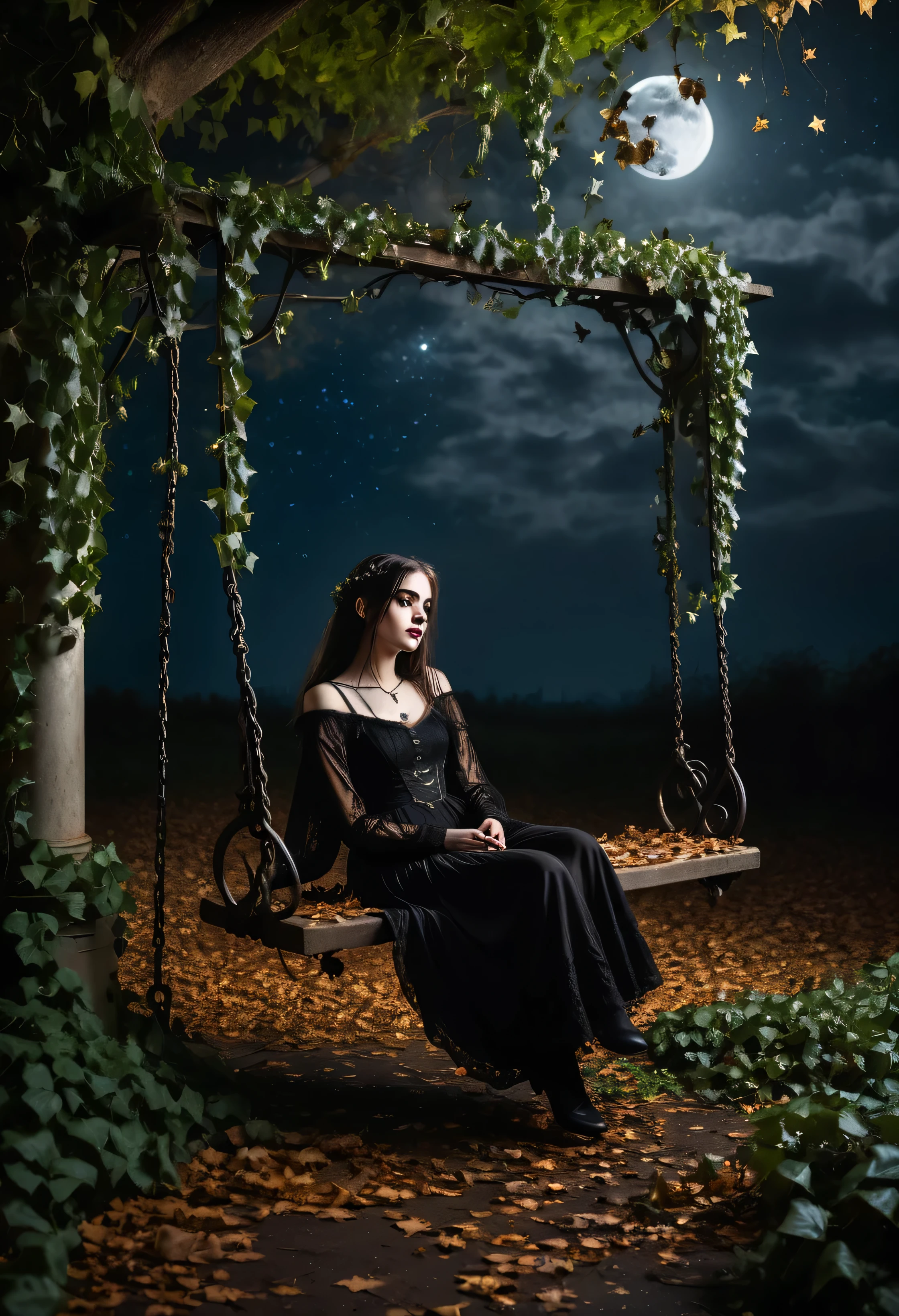 a young gothic woman sitting on an old and worn swing covered in ivy with dark and mysterious lighting, a starry and hazy sky, the ground covered with dead leaves, a long and dramatic shadow, and a full moon