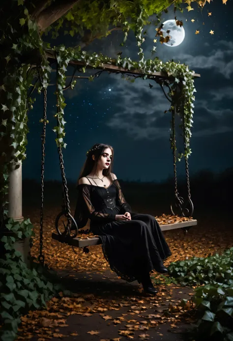 a young gothic woman sitting on an old and worn swing covered in ivy with dark and mysterious lighting, a starry and hazy sky, t...