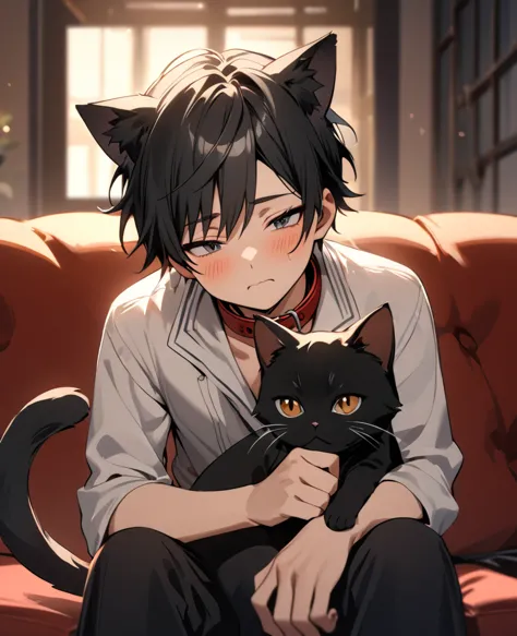 ((best quality)) ((detailed)) a boy with a calm, tender expression and sleepy countenance, short black hair, black cat ears, thi...