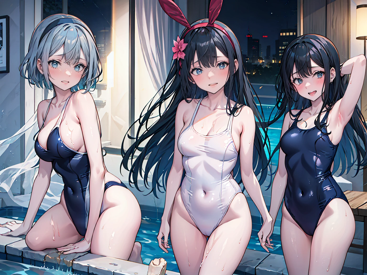 One girl, alone, break (blue eyes) break, break school swimsuit, (T405, Blue one piece swimsuit,) break, break black hair, short hair, bangs, break hairband, Hair Ribbon, Blue hair band, bow break, (sarashina ruka), Sharp pupils, Full Face, (Captivating smile, Grin:1.2), (Anxious expression), (blush:1.2), (Open your mouth, Long Tongue), (Saliva trace, Drooling:1.1),, Perfect Anatomy, Hide your hands behind your head, Large breasts, Beautiful Skin, (Sunburn), masterpiece:1.2, Highest quality, Highest quality, number々Top award winner, night, (nightpool), REINOPOOL, Night pool in a luxury resort hotel, Pink lighting