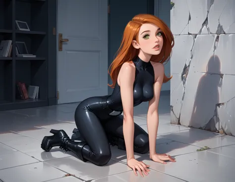 cinematic film still, solo, 1girl, break kim possible, narrow waist, perky breasts, black pvc catsuit, black utility belt, sleev...