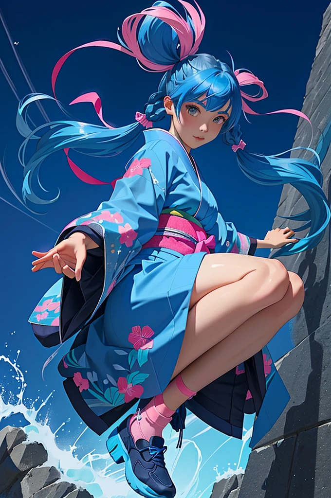 Her dyed blue hair was tied in twin tails, Blue kimono with pink trim, Detailed embroidery, Black shoes, Dynamic aerial poses, I&#39;m looking forward to, Smooth Skin, Outdoor Urban Setting, Red moon dark environment, An eerie atmosphere with people in the background, Dramatic lighting from above, Shadows create a mysterious atmosphere, Low - Angle, Shallow depth of field, Focus sharply on the subject, Vibrant color contrast.