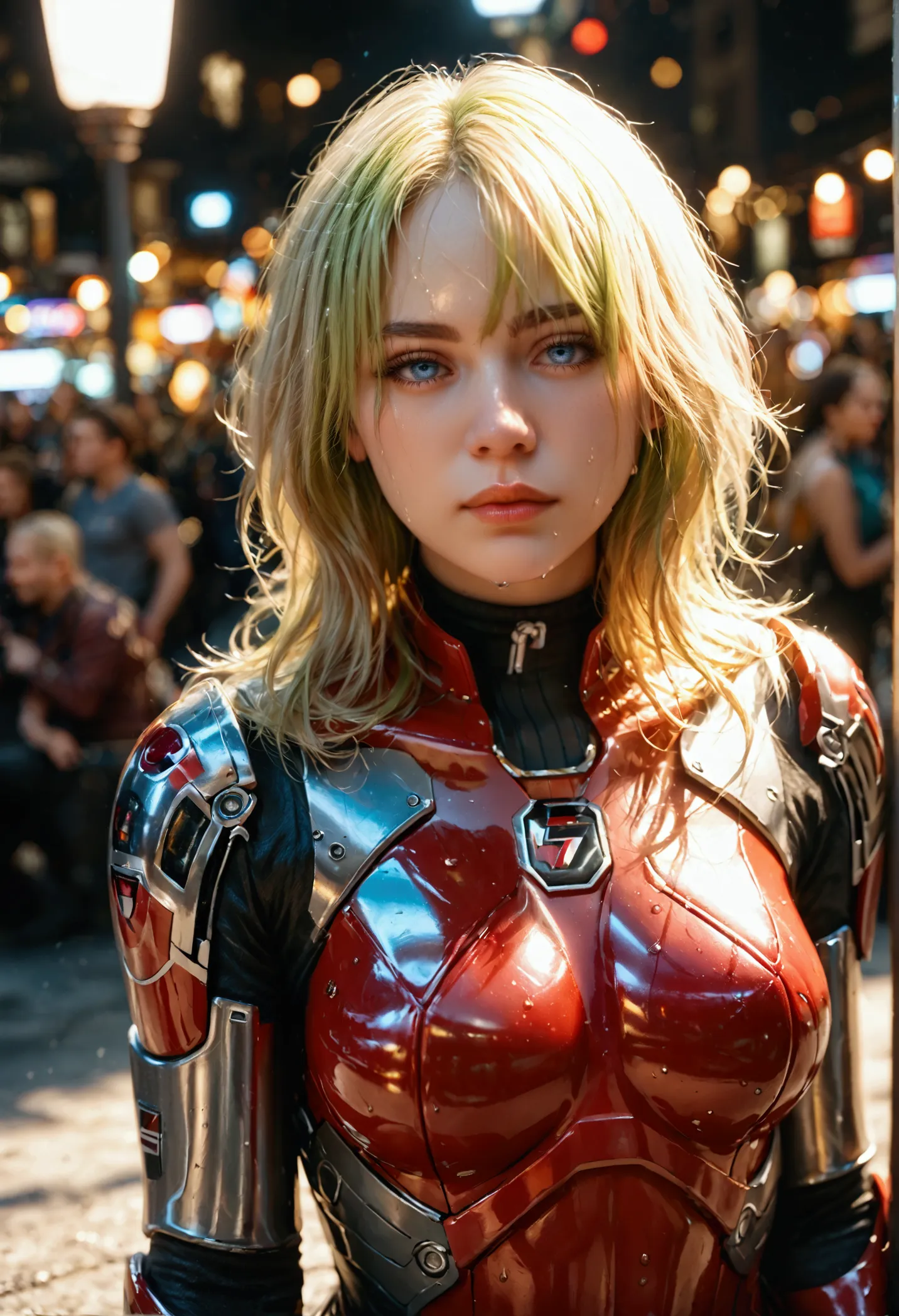 billie eilish as iron man, bustling street, (inspired by mass effect), iron man suit, safety rating, breast enlargement, fat but...