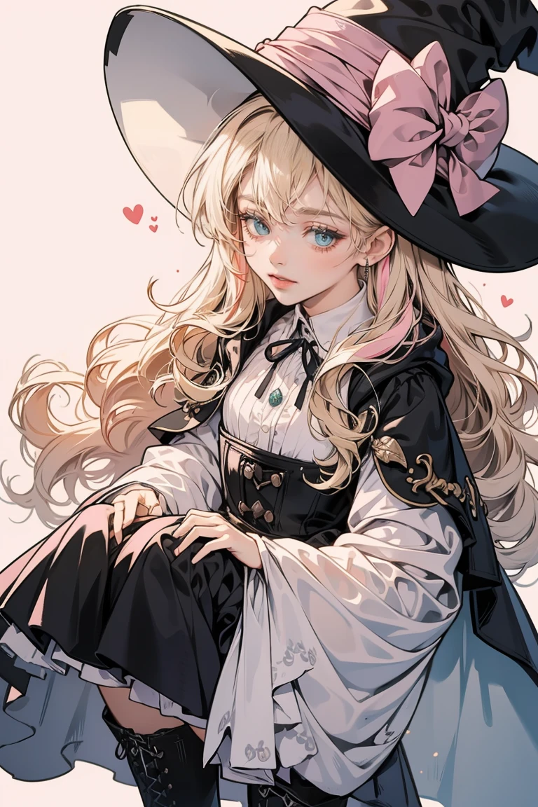 1 girl, petite, small, light pink eyes, light blonde hair, one pink streak on hair, long hair, wispy bangs, black and white 1:2 dress, pink bow at the neck, apron-like design, cloak, black witch hat, cat charm on dress, mischievous eyes, smirk with cute fang, boots, black sheer stockings, garters, background: witch's lair, good quality, pov, close-up