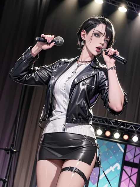 1，black short hair，photorealism，detailed，masterpiece， (lean), young girls，short leather skirt、dark leather jacket，1，aldult, (pun...