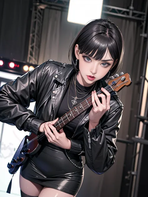 1，black short hair，photorealism，detailed，masterpiece， (lean), young girls，short leather skirt、dark leather jacket，1，aldult, (pun...