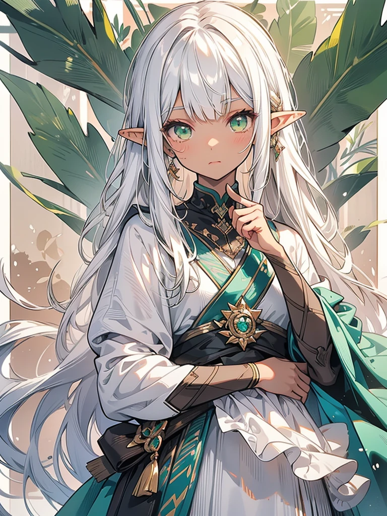 masterpiece, best quality, 1girl, detailed, highres, well-definded facial features, anatomically correct, cute girl, (dark tan skin), long pointy ears, elf, nice face, white hair, green eyes, monster hunter, thumb up,