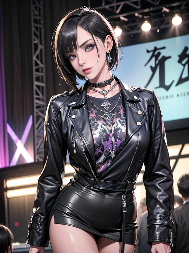 1，Black short hair，Photorealism，detailed，masterpiece， (Lean), Young Girls，Short leather skirt、Dark leather jacket，1，aldult, (Punk Girl)，Earrings、Lip Studs，Dark eyeshadow，high quality，Purple Bess，band playing，High resolution 4K information,stage，Cold，Gorgeous lighting