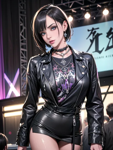 1，black short hair，photorealism，detailed，masterpiece， (lean), young girls，short leather skirt、dark leather jacket，1，aldult, (pun...