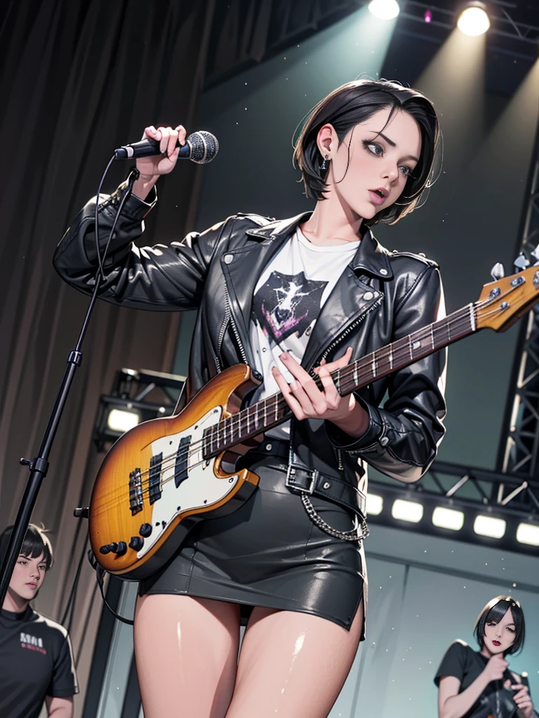 1，Black short hair，Photorealism，detailed，masterpiece， (Lean), Young Girls，Short leather skirt、Dark leather jacket，1，aldult, (Punk Girl)，Earrings、Lip Studs，Dark eyeshadow，high quality，Playing purple bass，band playing，microphone，High resolution 4K information,stage，Cold，Gorgeous lighting