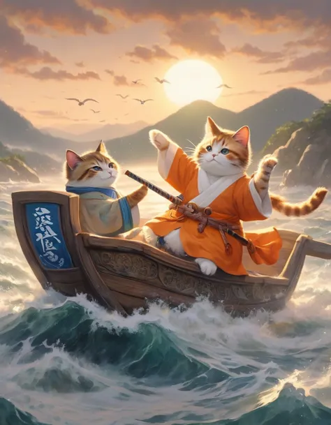 chinese cat soldiers are sailing in bad weather and they are struggling. ,open mouth,shout,three kingdoms orange cat