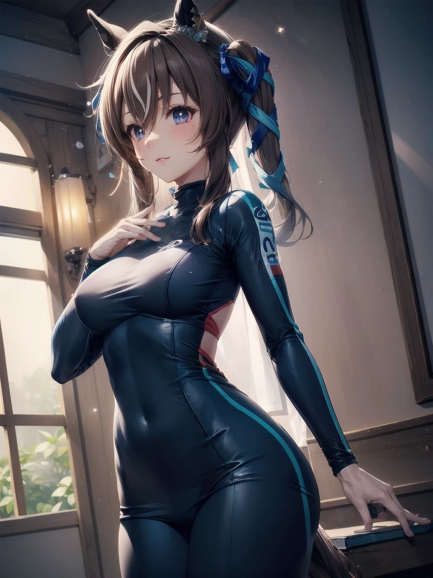 Cowboy Shot,,vivlos \(umamusume\), hair ornaments, Medium chest, Horse tail,(Racing Suit),masterpiece,Noise Reduction,Perfect Anatomy,High resolution, Very detailed, Very detailed face,Game CG,Dutch Angle ,Beautiful attention to detail,Visual Arts,Five Fingers, Perfect hands, Perfect lighting, Sparkling Eyes,
