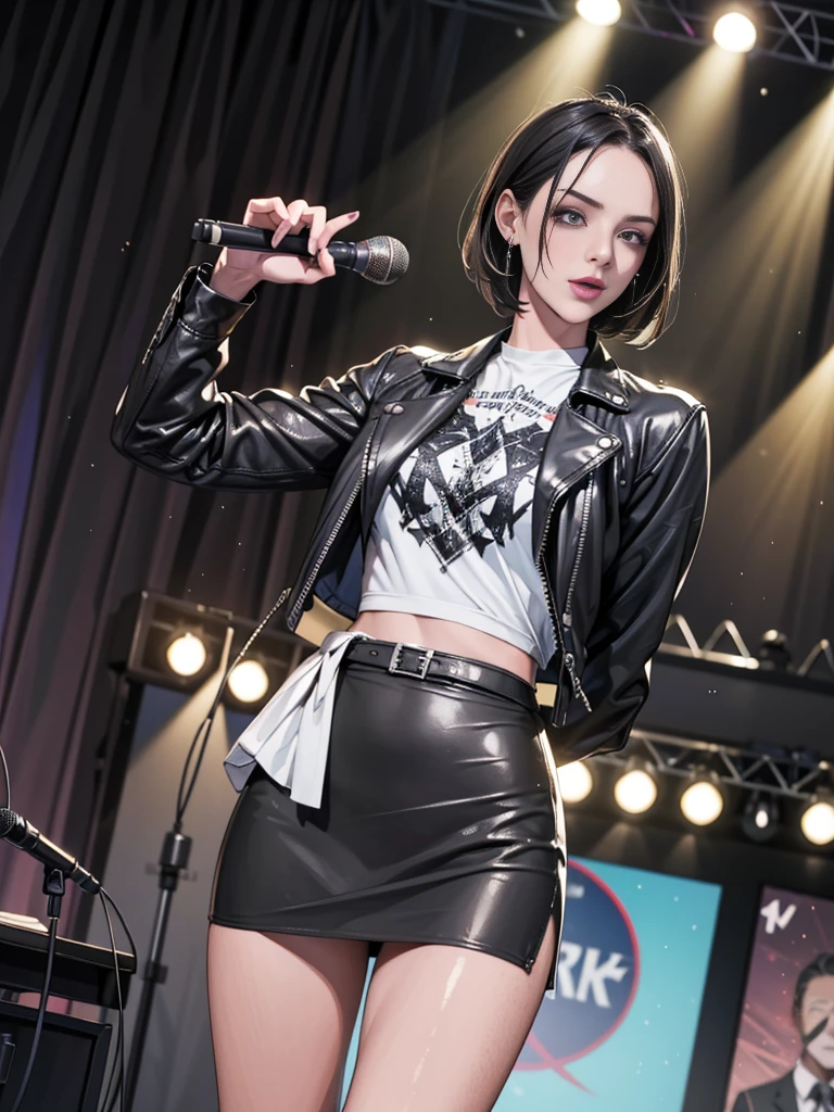 1，Black short hair，Photorealism，detailed，masterpiece， (Lean), Young Girls，Short leather skirt、Dark leather jacket，1，aldult, (Punk Girl)，Earrings、Lip Studs，Dark eyeshadow，high quality，Playing purple bass，band playing，microphone，High resolution 4K information,stage，Cold，Gorgeous lighting，Look at the lens