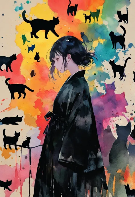 (masterpiece, best quality),(multiple exposure silhouette: 1.2),
watercolor print collage depicting,teen girl,she is surrounded by black cats,detailed face,black kimono,witch,splash color, collage art, contemporary artistic collage,