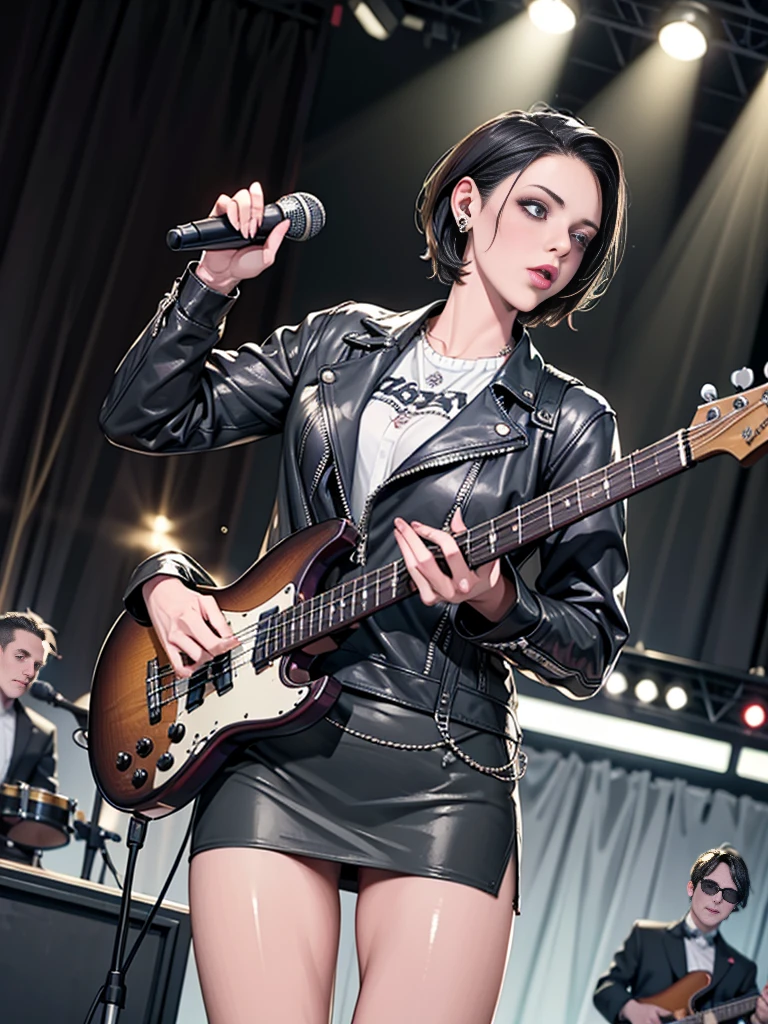 1，Black short hair，Photorealism，detailed，masterpiece， (Lean), Young Girls，Short leather skirt、Dark leather jacket，1，aldult, (Punk Girl)，Earrings、Lip Studs，Dark eyeshadow，high quality，Playing purple bass，band playing，microphone，High resolution 4K information,stage，Cold，Gorgeous lighting，Look at the lens