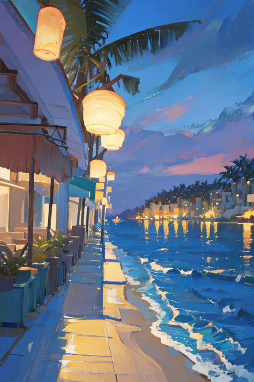 Beach resort background, night sea, twinkling lights, animation style