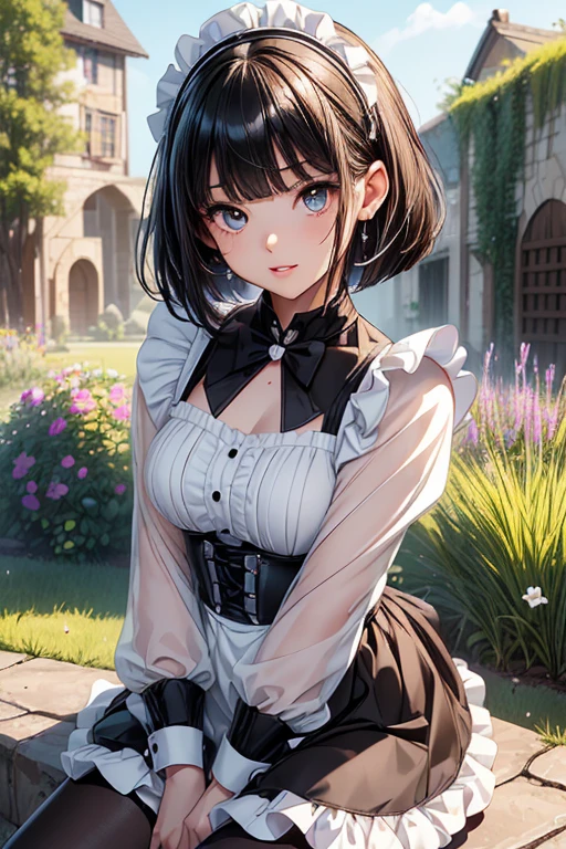 Girl posing for a photo, animeのcute女の子, ((One Girl)), ((Baby Face:1.5)), ((cute:1.5)), 
break 

#Clothing Accessories 
(((Black and White)Gothic-style maid outfit) : elegant + (Gathered skirt) + Gothic Fashion + Dark Gothic + (Black corset) + ((Black and White)Head ornament) + (White apron)), (Low denier black pantyhose:1.4), (Black high heels), (White headband), 
(Red earrings), ((Fancy Necklace)), 
break 

#Features 
((Black Hair:1.2)), ((blunt bangs:1.3)), ((Bob Cut Hair) : Short back hair + Voluminous Hair + Straight back hair), 
(Droopy eyes:1.4), (Big eyes:1.1), (blue eyes), 
((Small breasts)), 
break 

#background environment 
((noon, Western-style building + garden + grass, blue sky)), 
#Facial Expression Pose  
((laughing:1.4、Open your mouth:1.2)), ((wariza:1.5)), ((hand between legs)), 
#composition 
((Angle from the front)), ((Character Focus)), ((Cowboy Shot)), 
break 

#Body parts elements 
(Slim figure), (Symmetrical facial features), 
(Detailed Hair), (Beautiful Hair), (Shiny Hair), 
(double eyelid), (Long eyelashes), (Thin eyebrows:0.5), 
(Shiny eyes), (Detailed eyes), (Beautiful Eyes), (Delicate eyes), (Perfect Eyes), (Sparkling eyes), (Eye Reflexes), (Glitter Eyeliner), 
(Human Ear), 
(Beautiful Nose), (Thin Nose), 
(Glossy Lips), (Beautiful Lips), (Thick lips), 
(Detailed skin), (Fine skin), (Beautiful Skin), (Oily skin), (Glowing Skin), 
break 

#quality 
(((最高quality)), ((masterpiece:1.3)), ((Very detailed))), ((Ultra-high resolution)), ((16K)), ((1080P)), ((Full HD)), 
(Anatomically correct), ((Realistic)), (3DCG), ((oil)), 
((comics, anime)), (CG illustration), (RAW Photos), 
