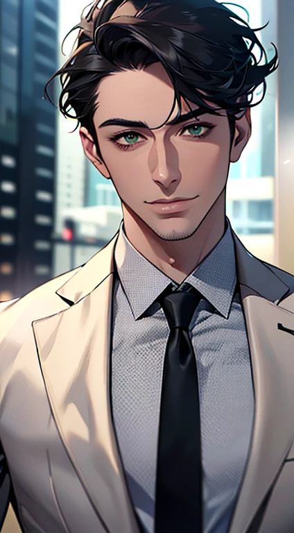 (best quality,4k,8k,highres,masterpiece:1.2),ultra-detailed,(realistic,photorealistic,photo-realistic:1.37),1 man,3,mature man,very handsome,without expression,smile,short grey black hair,green eyes,penetrating gaze,perfect face without errors,imposing posture,businessman,office background,cinematic lighting,hdr image