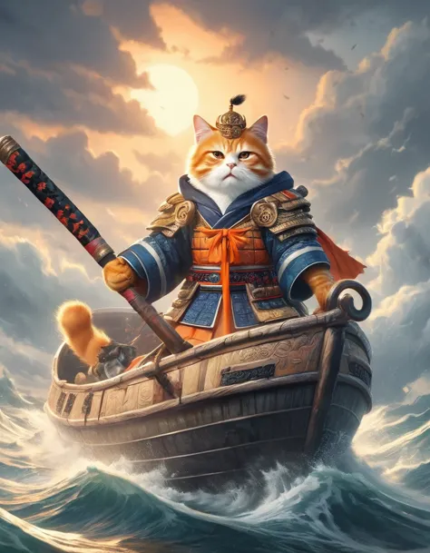 chinese cat soldiers are sailing in bad weather and they are struggling. ,open mouth,shout,three kingdoms orange cat