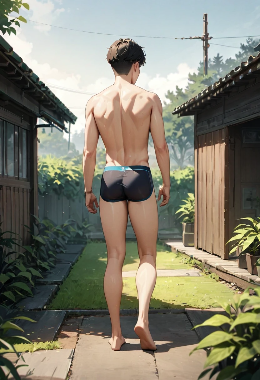 absurdres, highres, ultra detailed, Wide shot (masterpiece),(best quality:1.0), (ultra highres:1.0), detailed illustration, 8k, (multiple boys:1.2) handsome, smooth body, morning, yard, wear boxerbriefs, blushed face, climax face,