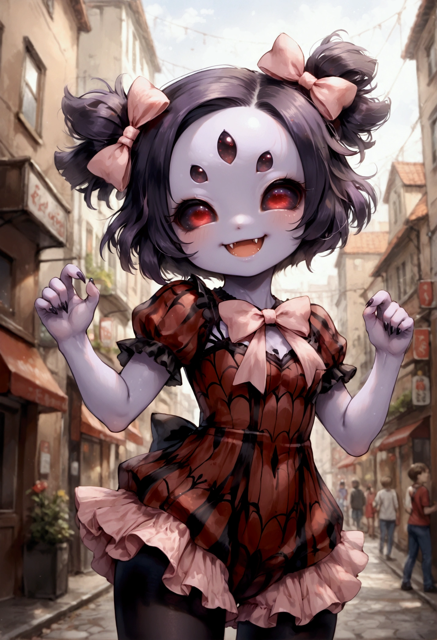  source_anime,source_furry,rating_safe,rating_questionable,masterpiece, best quality, perfect anatomy , very aesthetic , absurdres,solo,1girl\(muffet,cute,chibi,monster girl,purple skin,humanoid, arachnid, anthro,(fangs),twin tails,hair bow,5 eyes,spider girl,6 arms, 6 hands,black sclera,red eyes, evil smile, clothed, beautiful spider webs, tight red shirts,pink ribbon tie, tight pink bloomers,,black arm cover, black pantyhose,\), from below,cute pose,small spiders